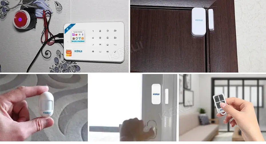 KERUI W184 white alarm system kit with control panel, motion sensor, door/window sensor, and remote