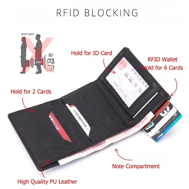 Simples Market Zciti PU leather wallet, black RFID-blocking card holder with ID window and 6-card slots