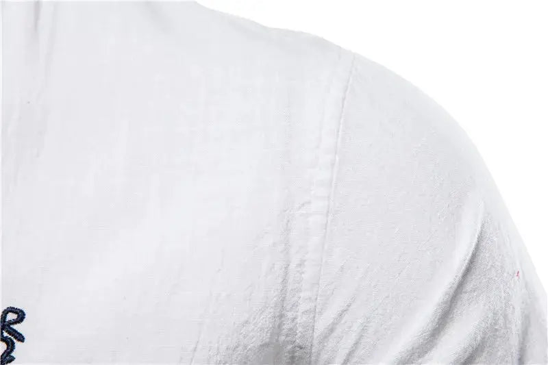 Men's white 100% cotton long-sleeve shirt with blue embroidery detail