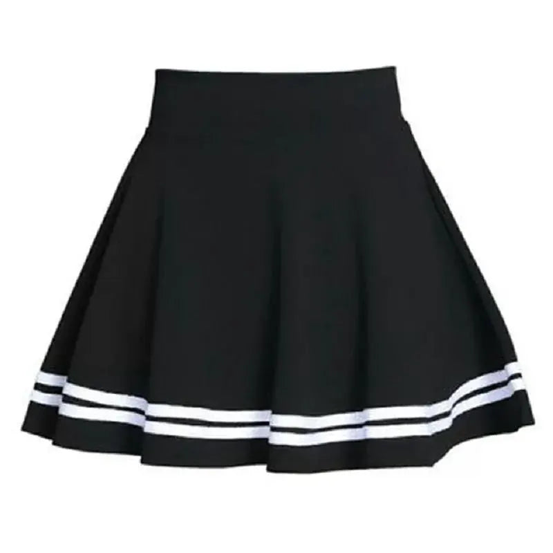 Black women's midi skirt with white double-striped hem and elastic waist