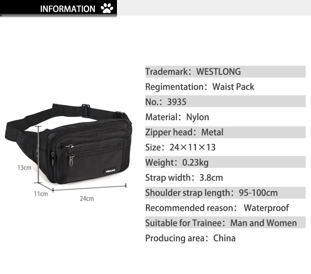 Waist pack Westlong; black nylon waterproof fanny bag with multiple zip pockets