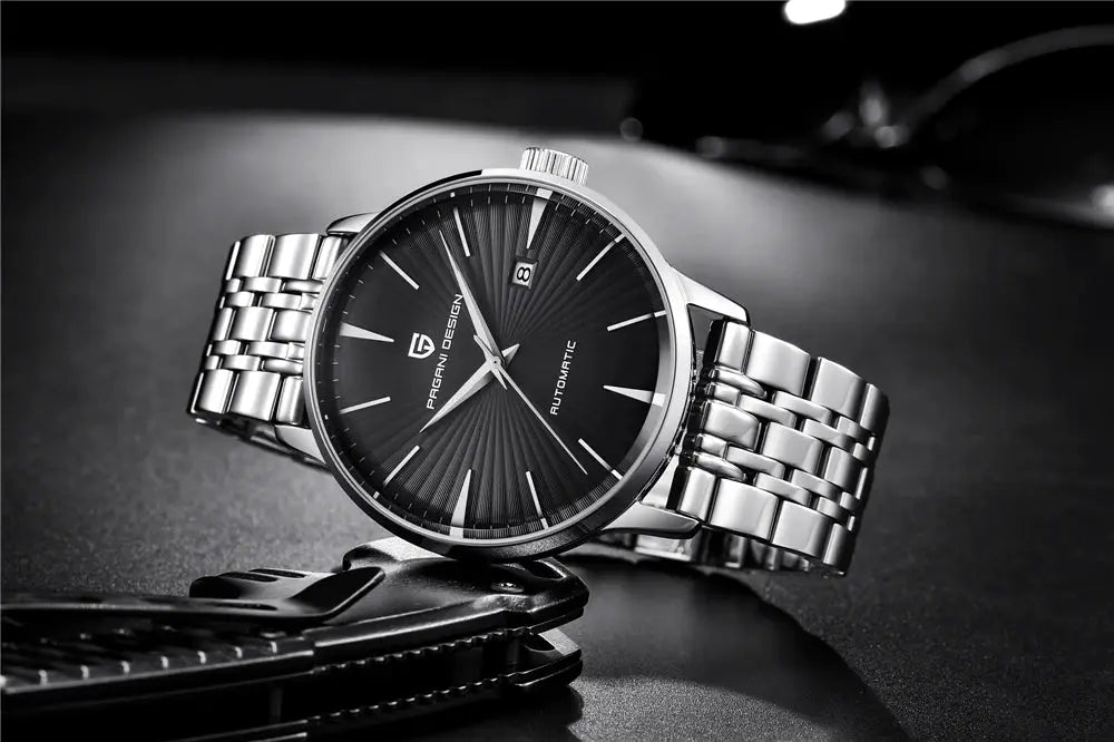 Pagani Design men's stainless steel watch with black dial, date window, automatic movement