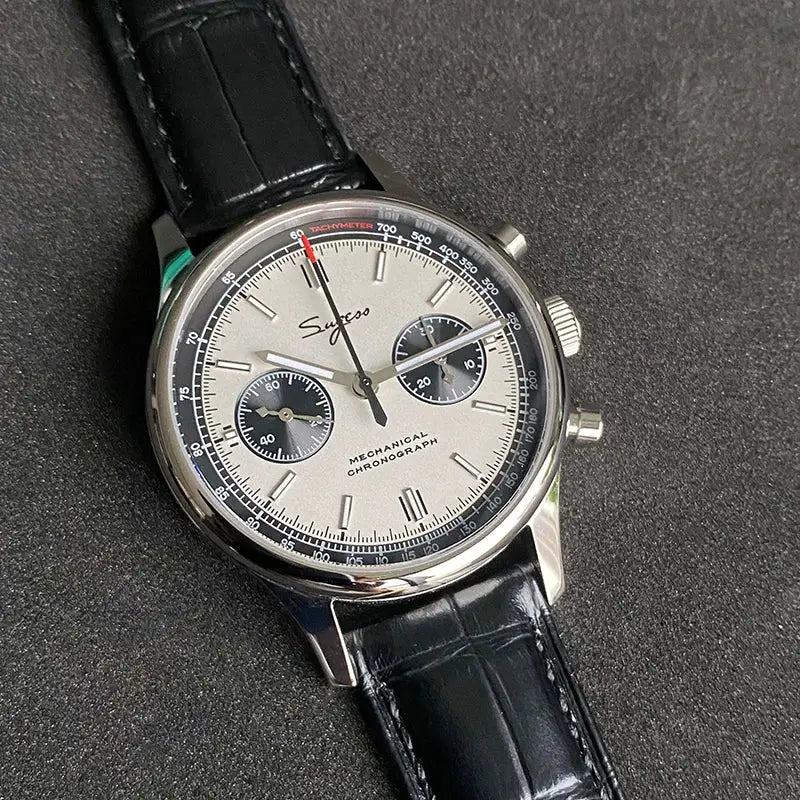Limited edition pilot mechanical chronograph watch with panda subdials, silver dial, black leather strap, 40mm stainless steel case.