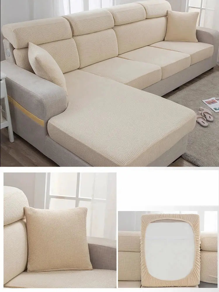 Sofa seat cover for sectional, beige thickened elastic fabric, dustproof protective cover