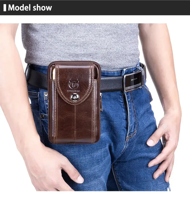BullCaptain men's brown leather belt waist bag by Simples Market; MOLLE-compatible fanny pack for money and phone