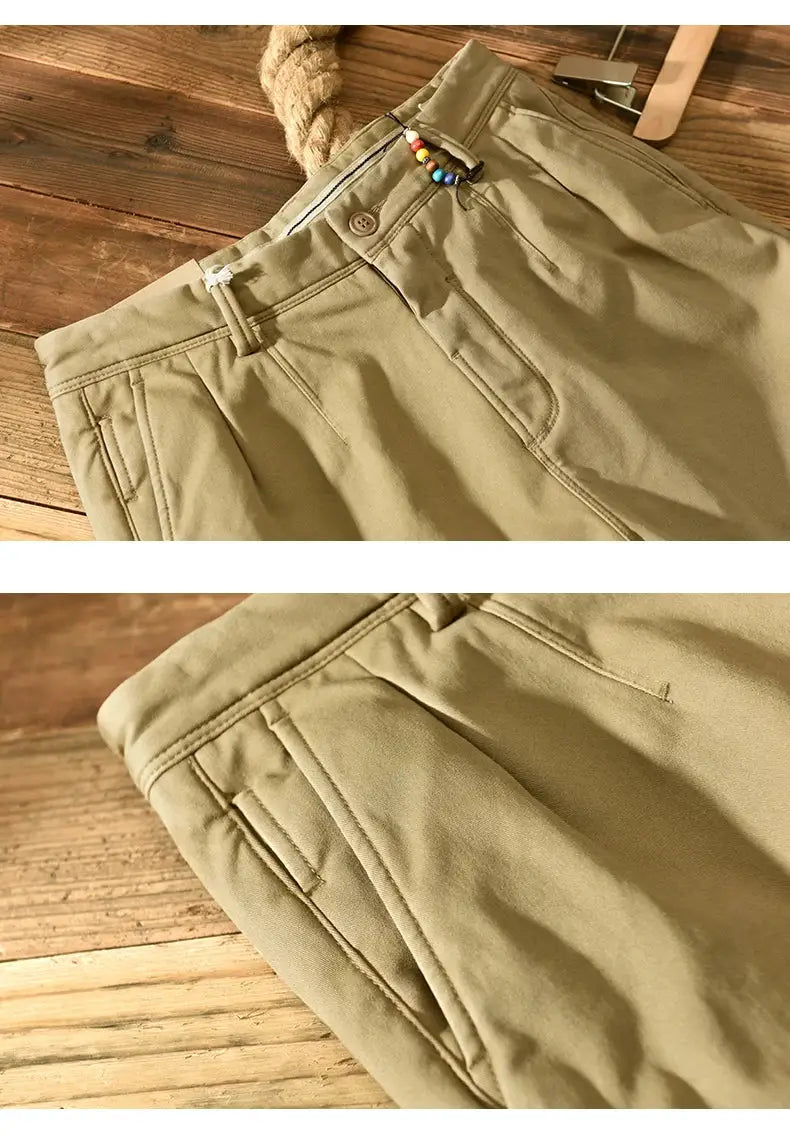 HIQOR 2025 men's winter pants by Simples Market; khaki army green cotton, loose casual safari-style work pants.