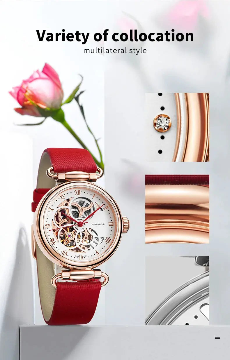 Simples Market Seagull Fashion women's skeleton automatic watch with red leather strap, rose gold-tone case