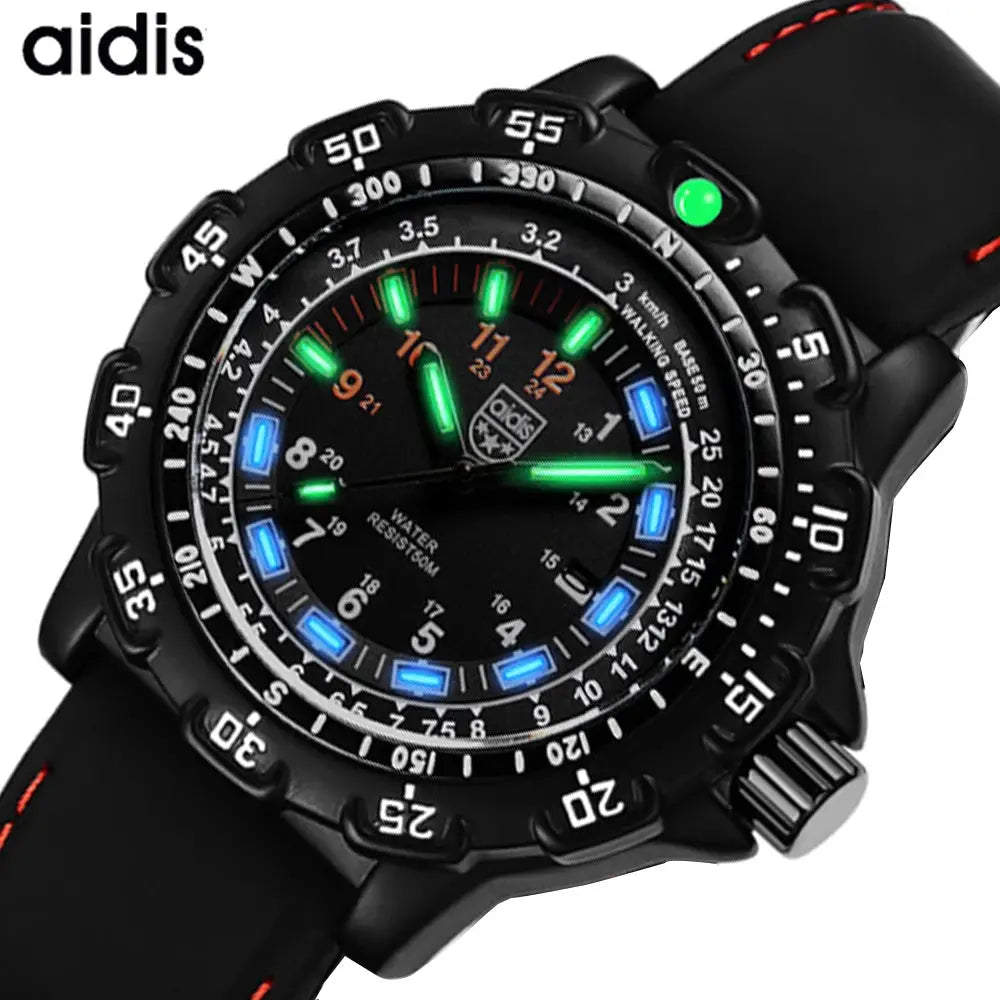 Military wristwatch with black strap, Aidis logo, and luminous green and blue markers