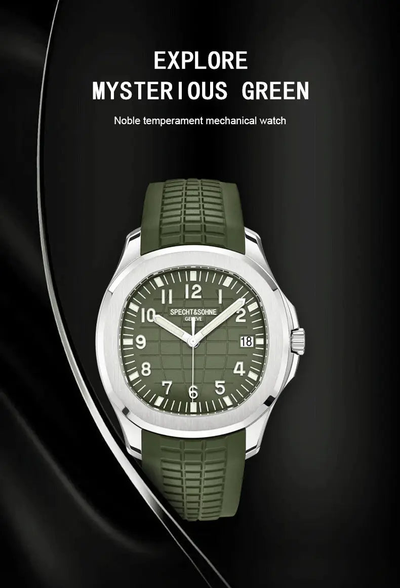 Specht&Söhne green-dial sports watch with stainless steel case and green rubber strap, 50m water resistant