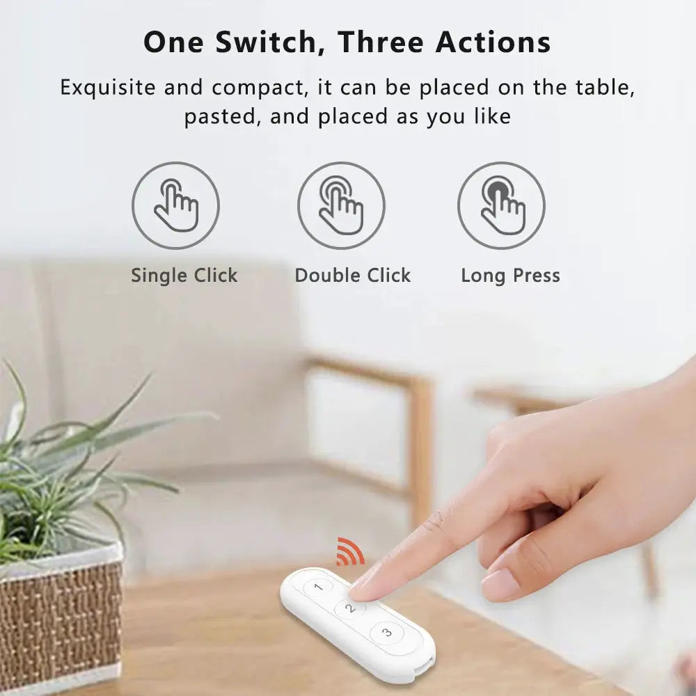 White LoraTap ZigBee 3.0 wireless push-button remote by Simples Market, compact three-button scene-control device