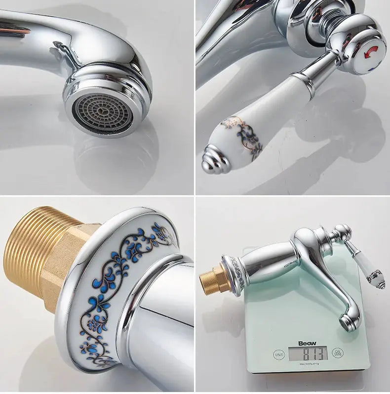 Bathroom faucet set with chrome finish, single-handle porcelain blue floral handle, brass connector