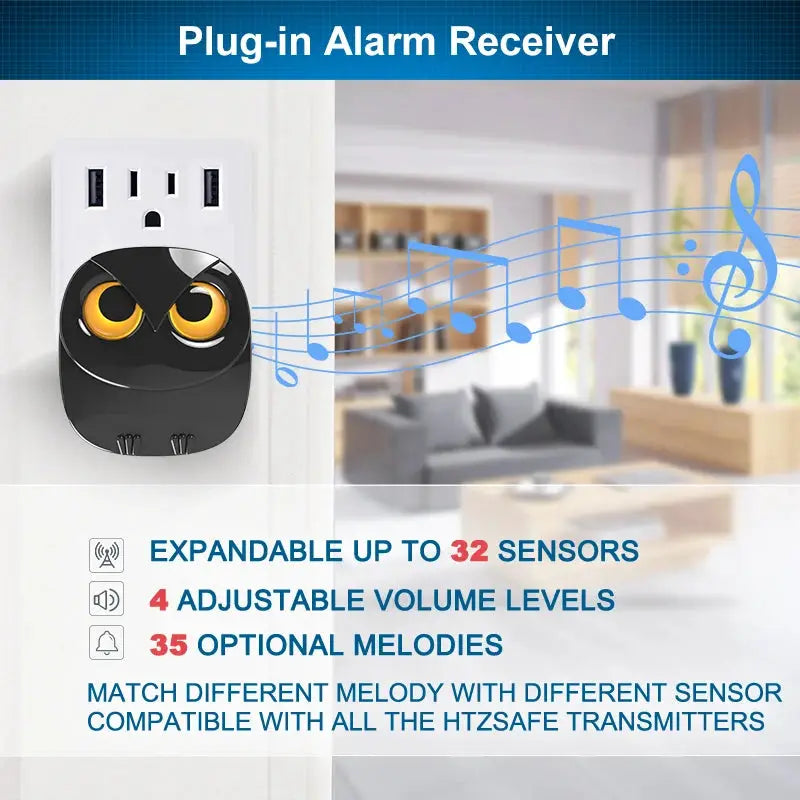 HTZSAFE wireless driveway security alarm receiver by Simples Market; plug-in device on white wall outlet