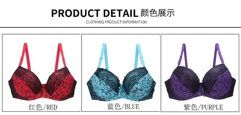 Lace push-up bras for women, set of 3 in red, blue and purple.