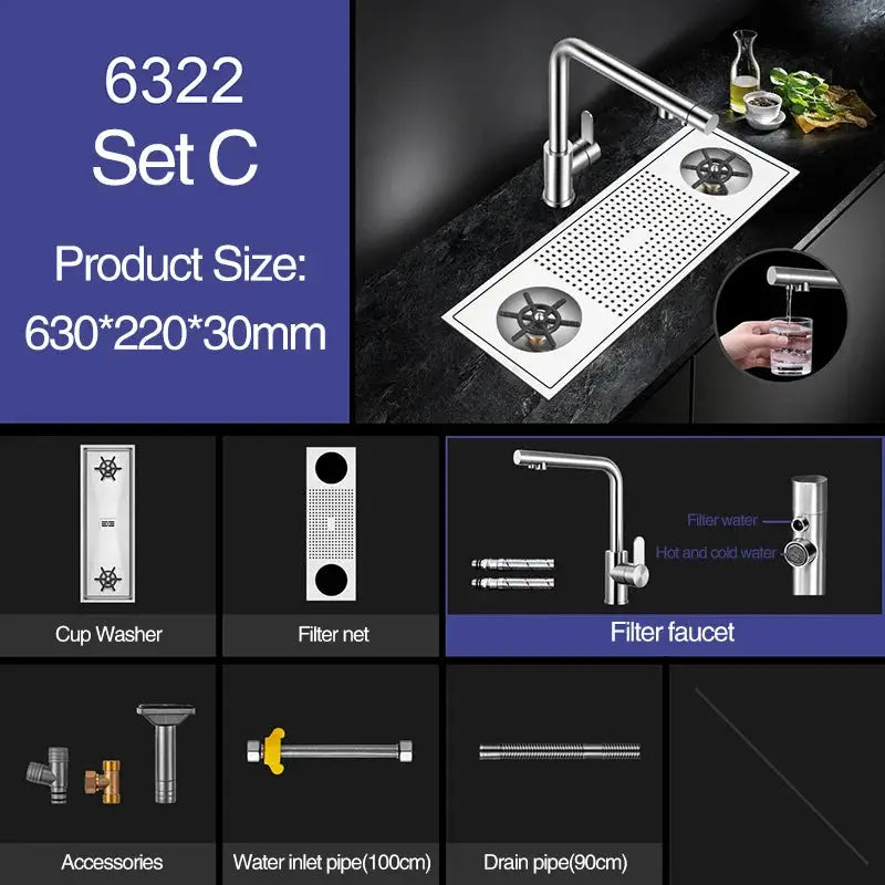 Cup washer bar counter sink in brushed 304 stainless steel, 4mm thick with filter faucet