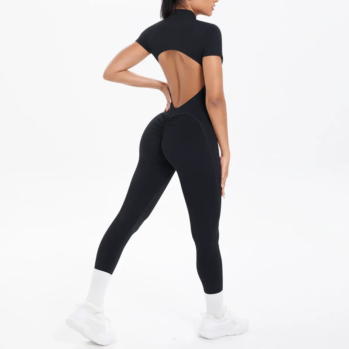 Backless black bodycon scrunch jumpsuit for women, dance/fitness wear