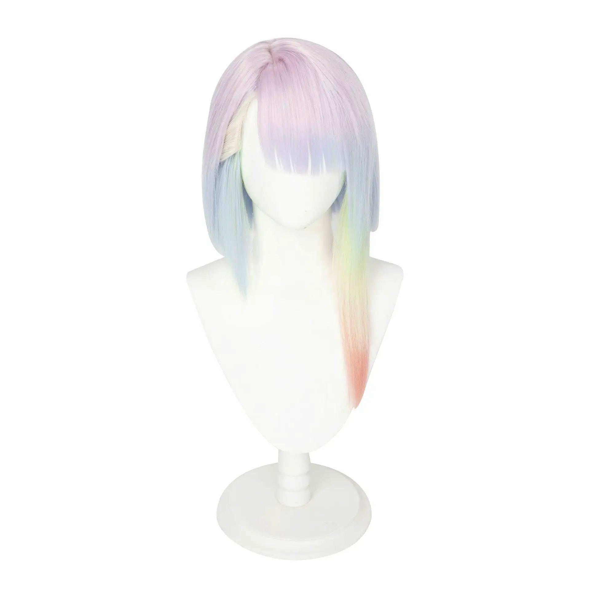 Lucy cosplay wig with multicolor pastel gradient from pink to blue, 45cm length, heat‑resistant; includes wig cap.