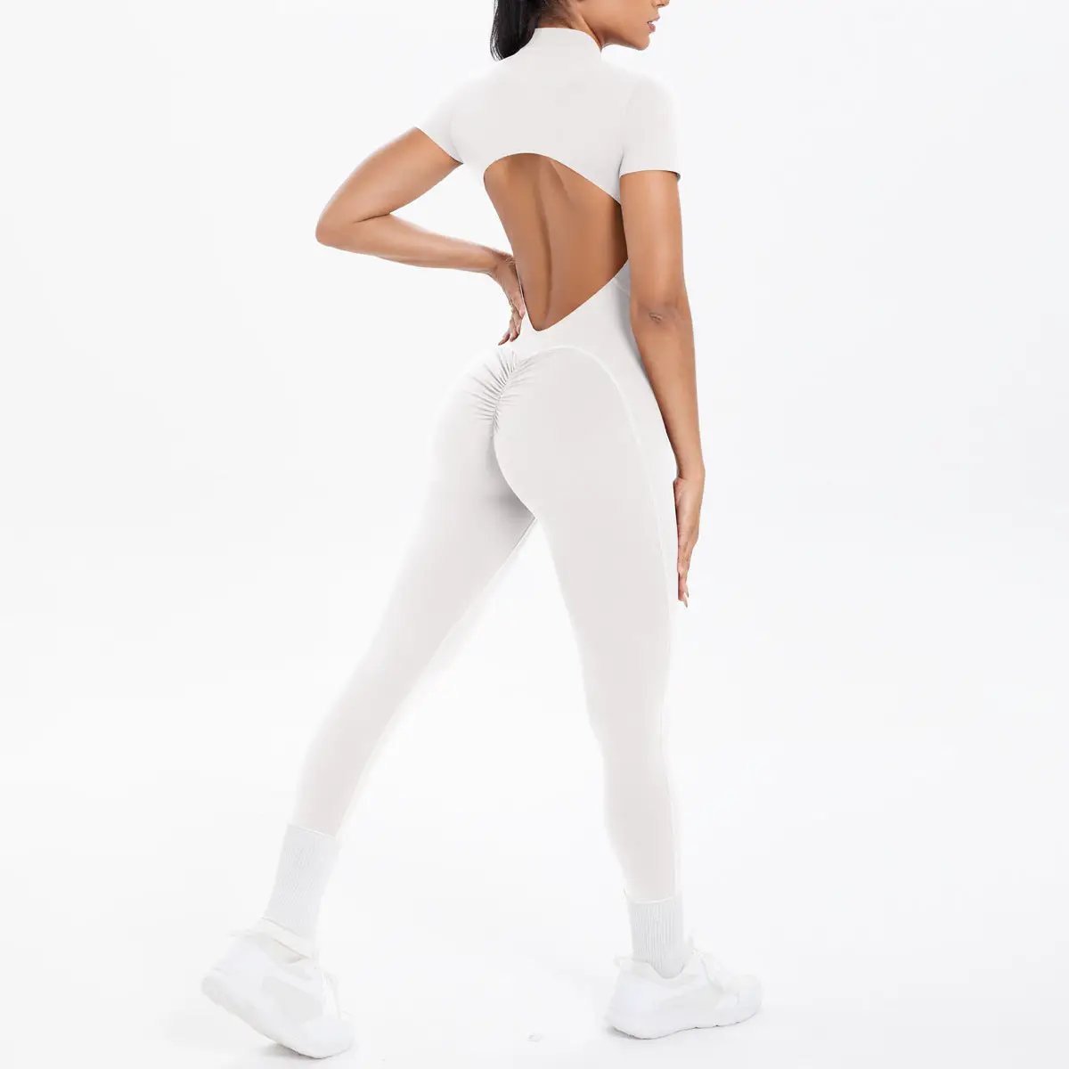 Backless bodycon scrunch jumpsuit in white by Simples Market for dance fitness