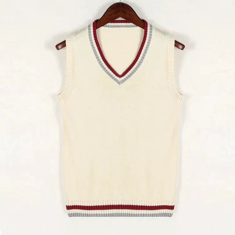 Men's cream knit sleeveless sweater vest with striped V-neck and ribbed hem