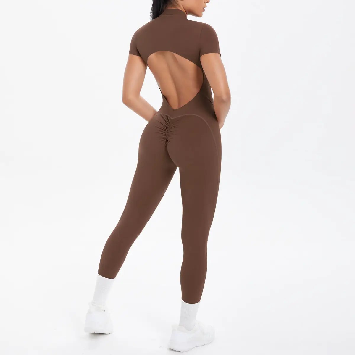 Simples Market brown backless bodycon scrunch jumpsuit for women with open back, full-length fit