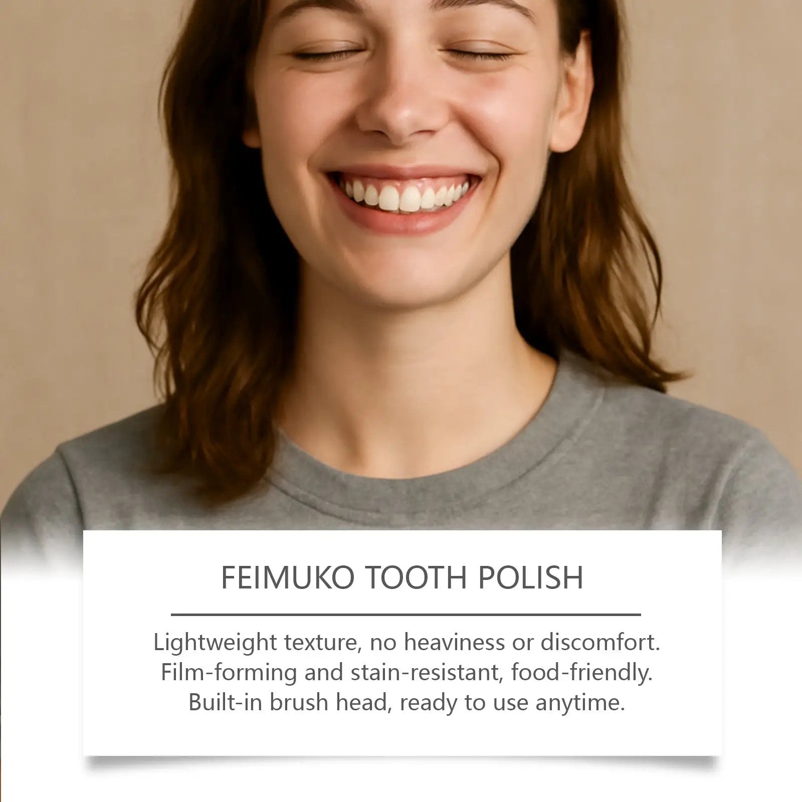 Feimuko tooth polish whitening paint shown on a smiling woman with bright teeth