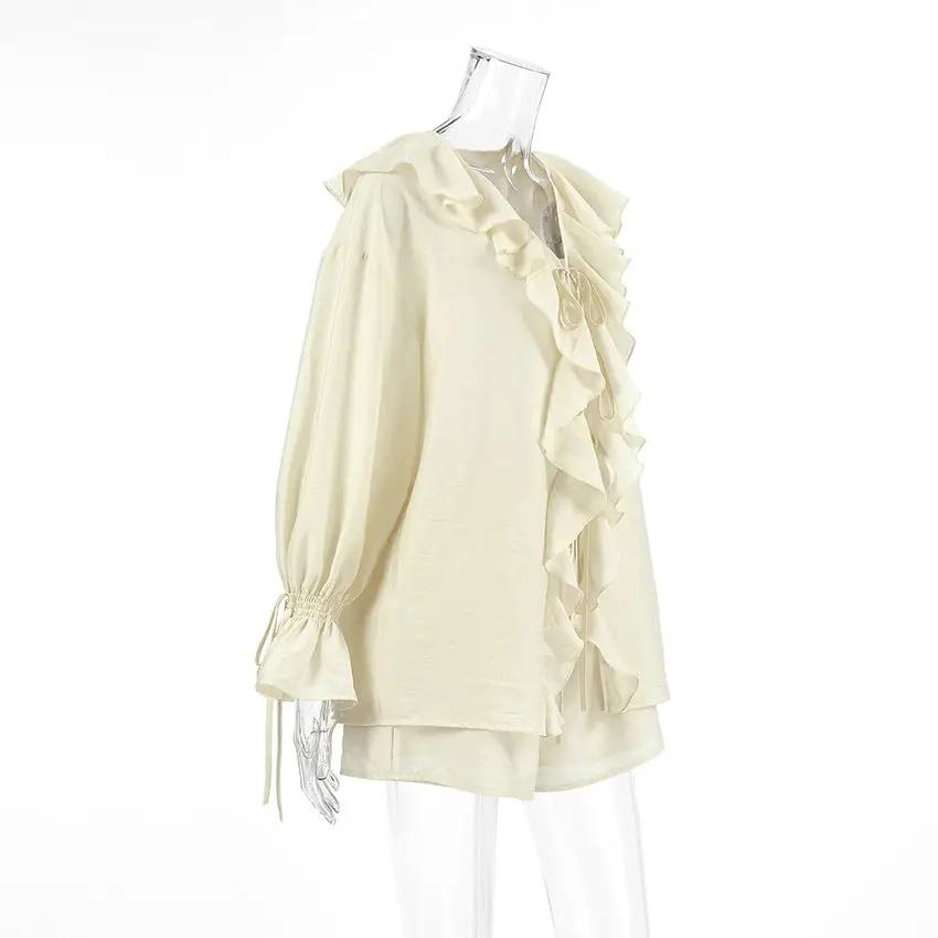 Tornova Womens Ruffled Shorts Sets V Neck Lace Up Shirt Spring Casual