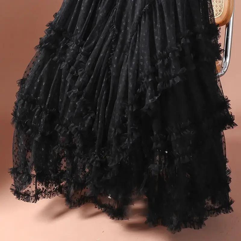Black mesh tulle skirt with layered ruffles, elastic high waist, A-line party skirt