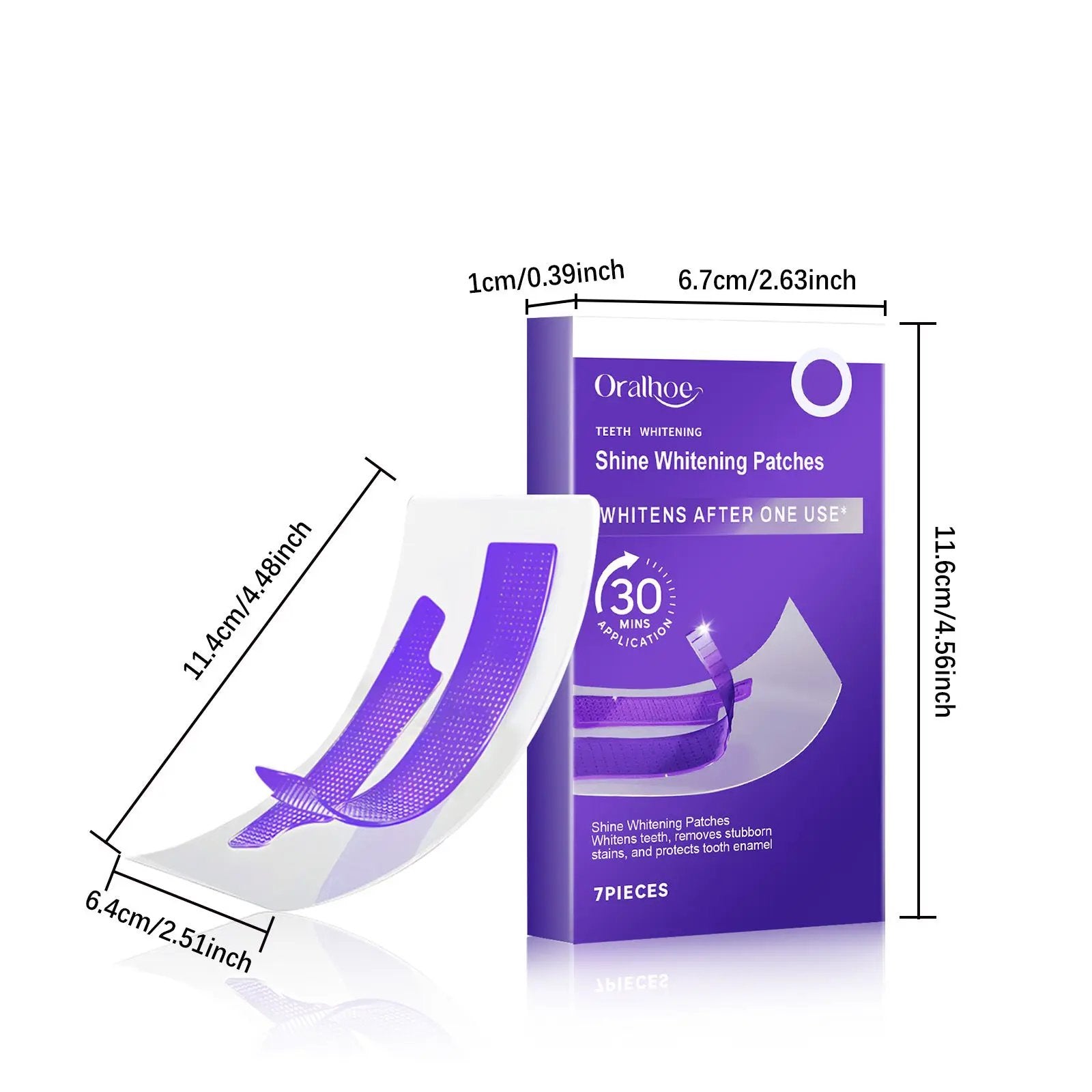 Teeth whitening patches in purple Oralhoe packaging; 7 pieces for whitening after one use