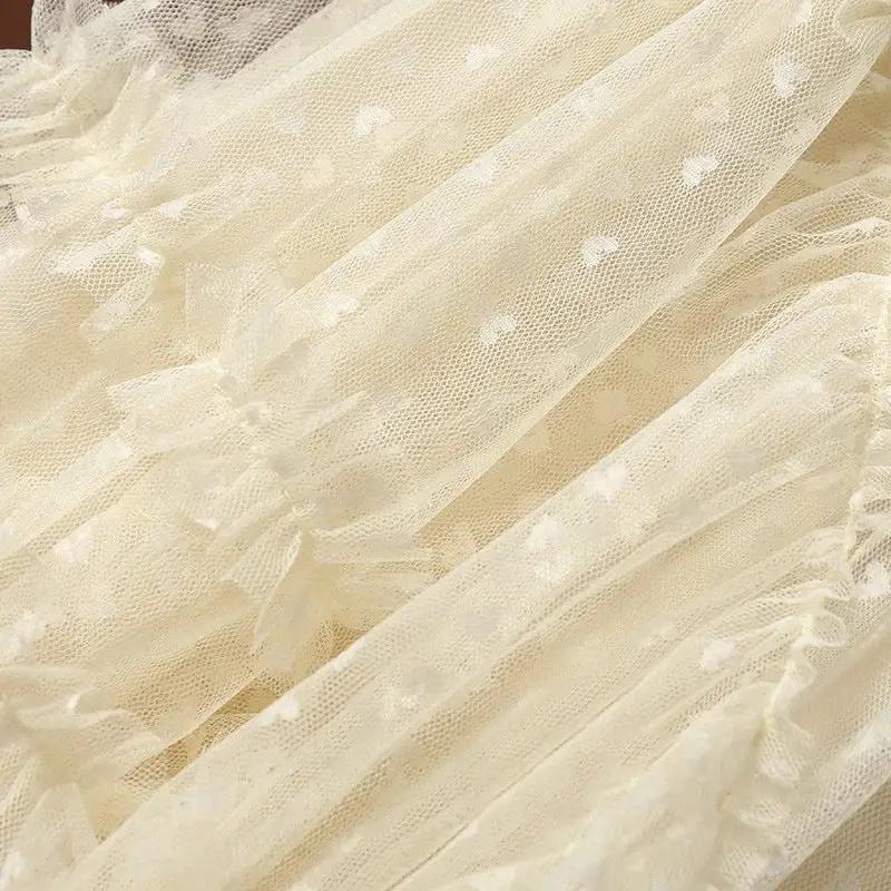 Women's beige mesh heart-printed tulle skirt close-up