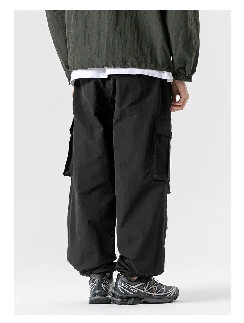 Ultra Loose Outdoor Functional Pants, unisex black cargo wide-leg, waterproof quick-dry fabric with cargo pockets