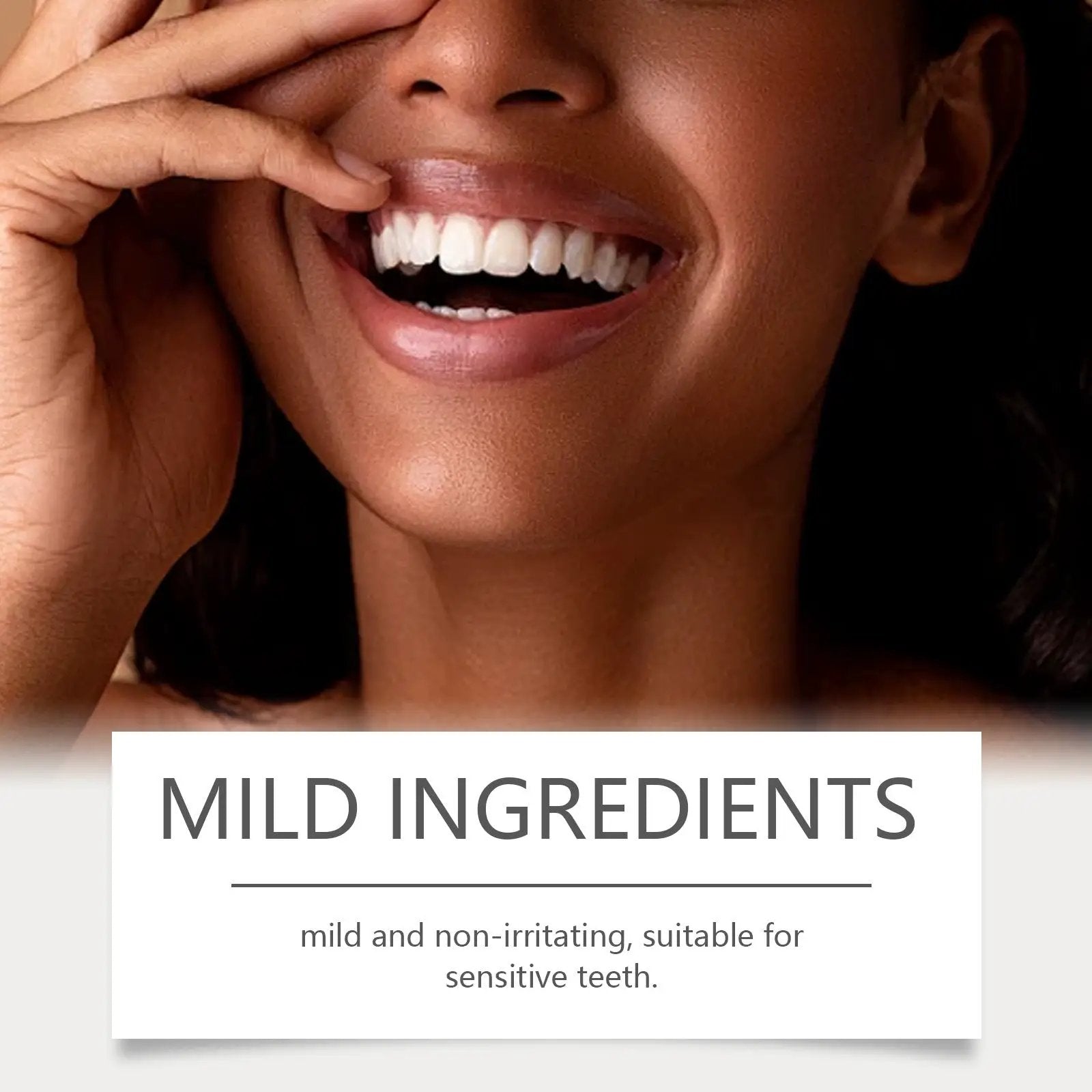 Teeth whitening strips by Simples Market; close-up of smiling person with bright white teeth