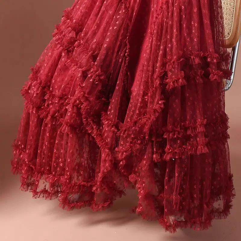 Simples Market women's red mesh heart-printed tulle long A-line skirt with elastic high waist and layered ruffles