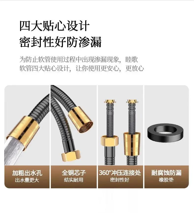 Simples Market three-mode adjustable shower head with high-pressure water-saving nozzles, black hose and gold fittings