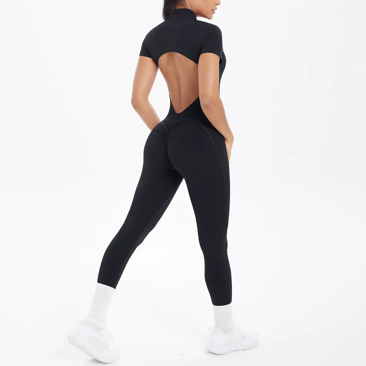 Backless black bodycon scrunch jumpsuit for women, open-back design with chest cushion