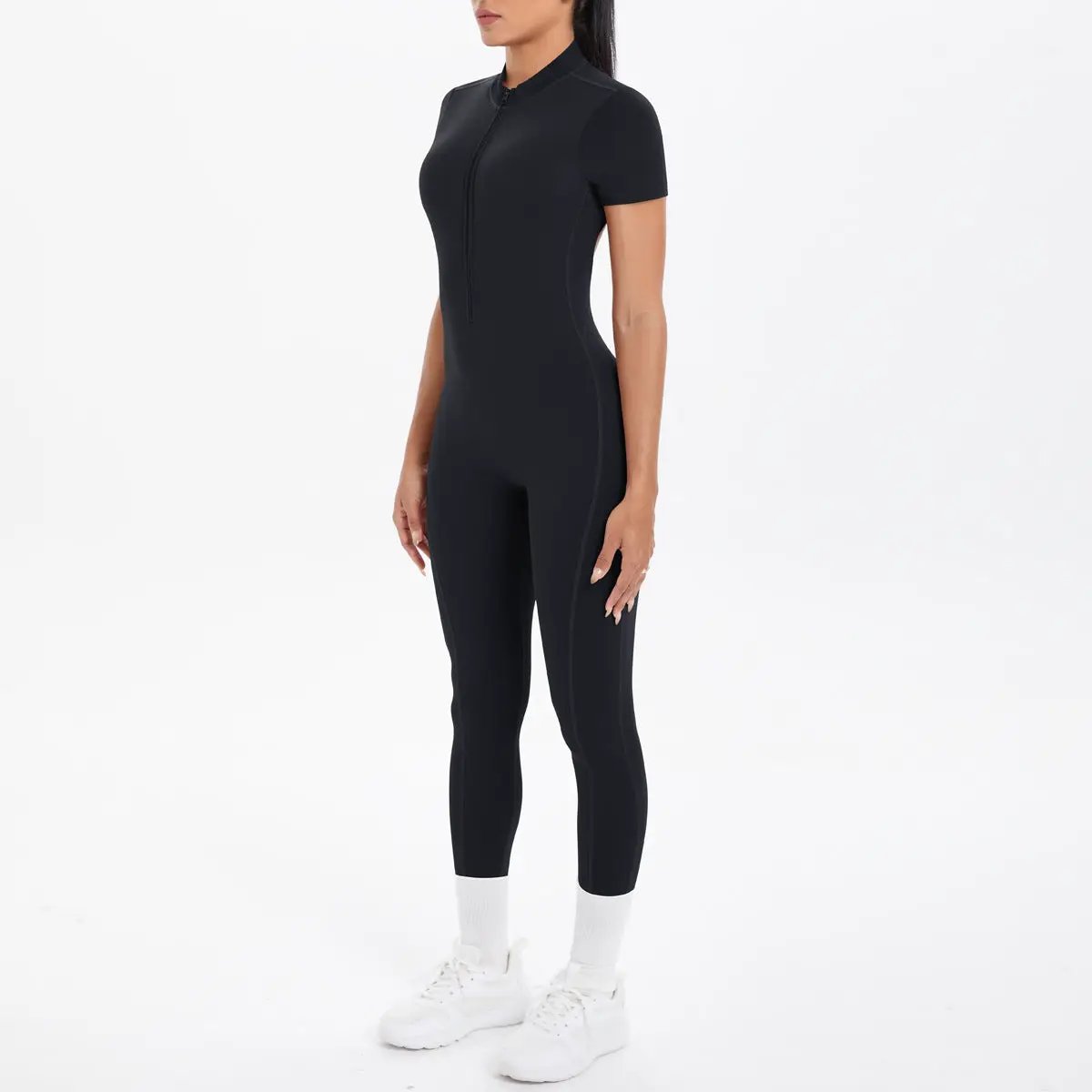 Simples Market black backless bodycon scrunch jumpsuit with chest cushion, zip front, short sleeves for workouts