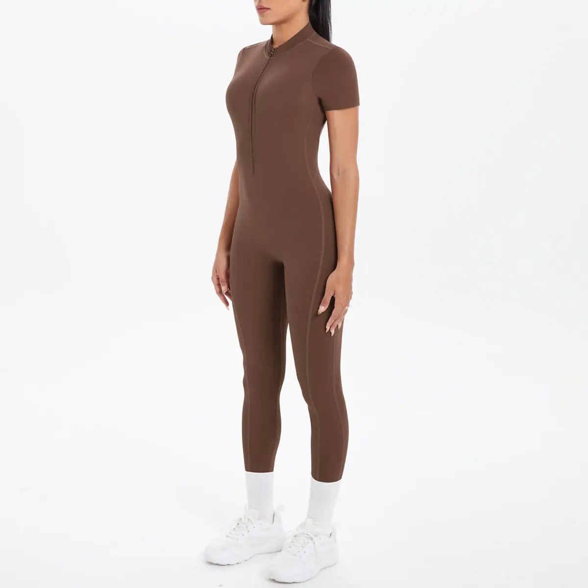 Sexy backless bodycon scrunch jumpsuit for women, brown Simples Market dance fitness overalls