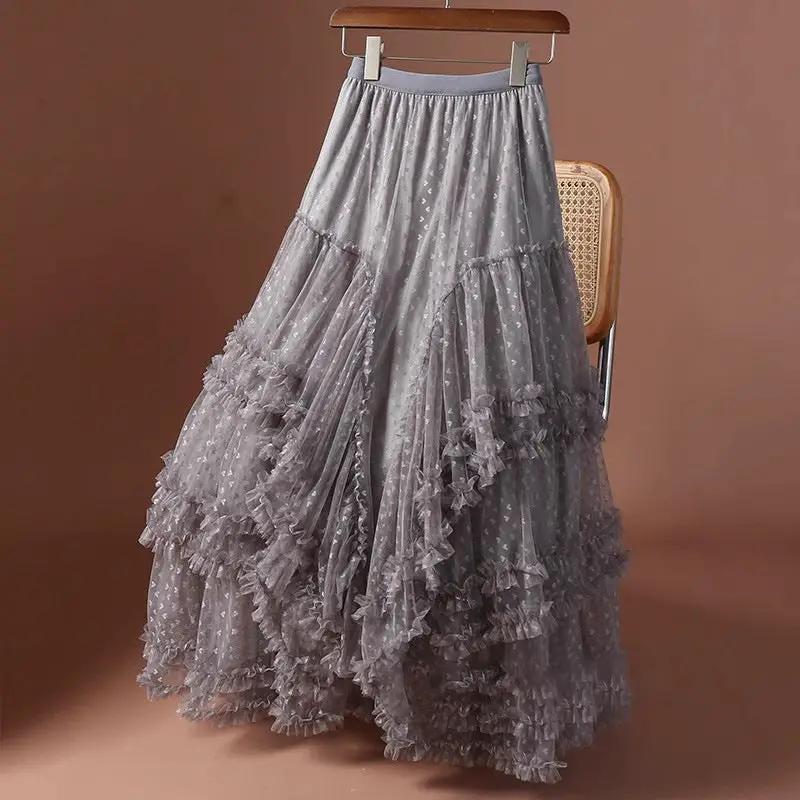 Women's mesh heart-printed high-waist tulle skirt with layered ruffles, gray