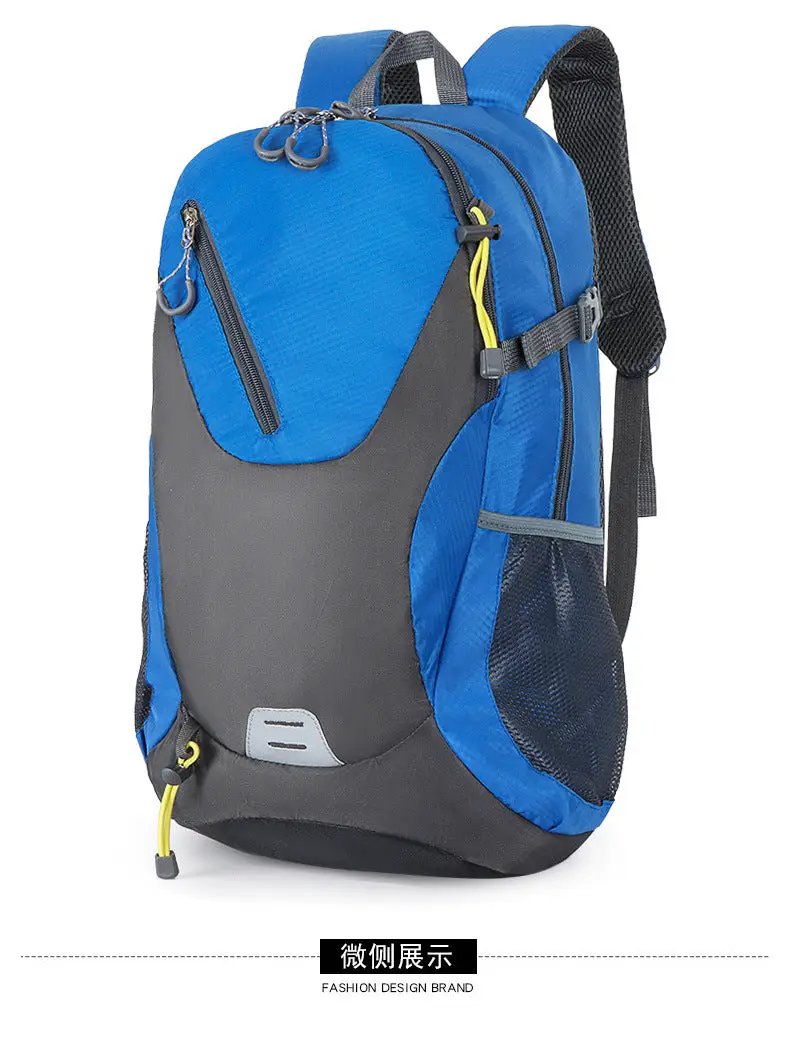 Classic 40L outdoor backpack, blue and gray waterproof fabric with side mesh pocket and zip pockets
