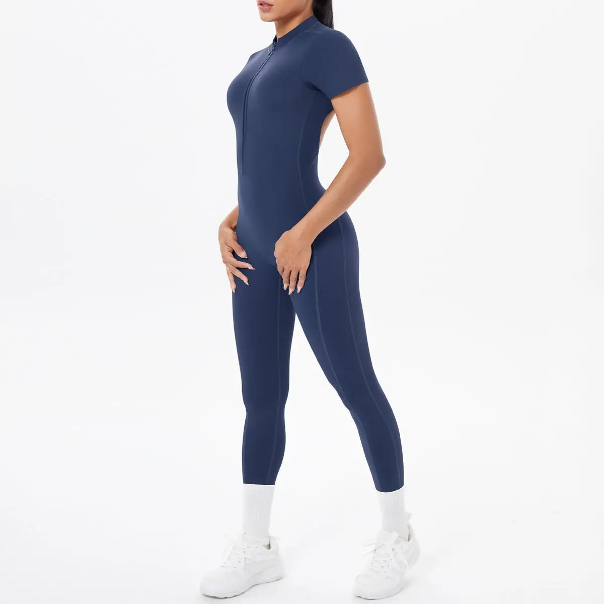 Jumpsuit navy backless bodycon scrunch for dance fitness and workouts