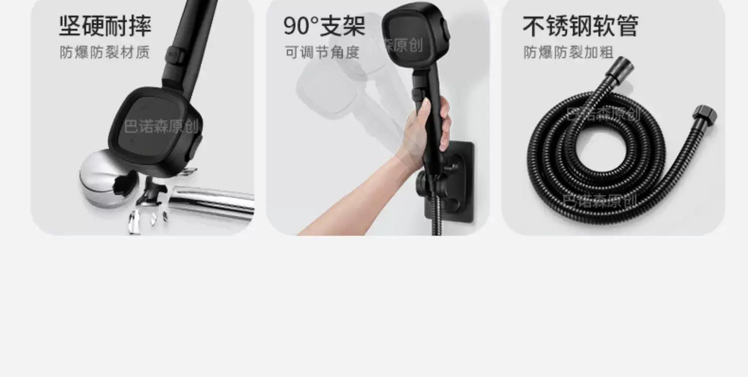 Simples Market 3-piece shower head kit with high-pressure, water-saving head, 90° adjustable mount, stainless hose