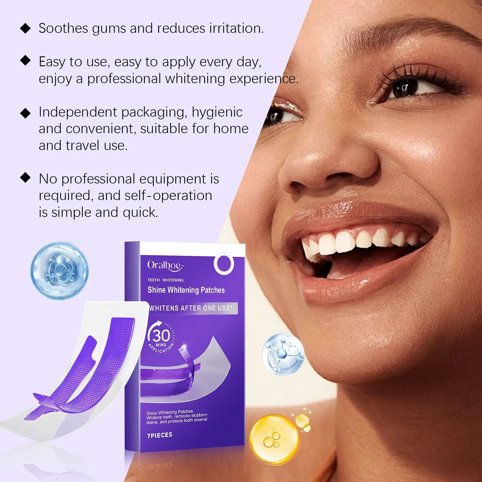 Teeth whitening patches kit in purple Oralhoe packaging by Simples Market, 7 pieces.