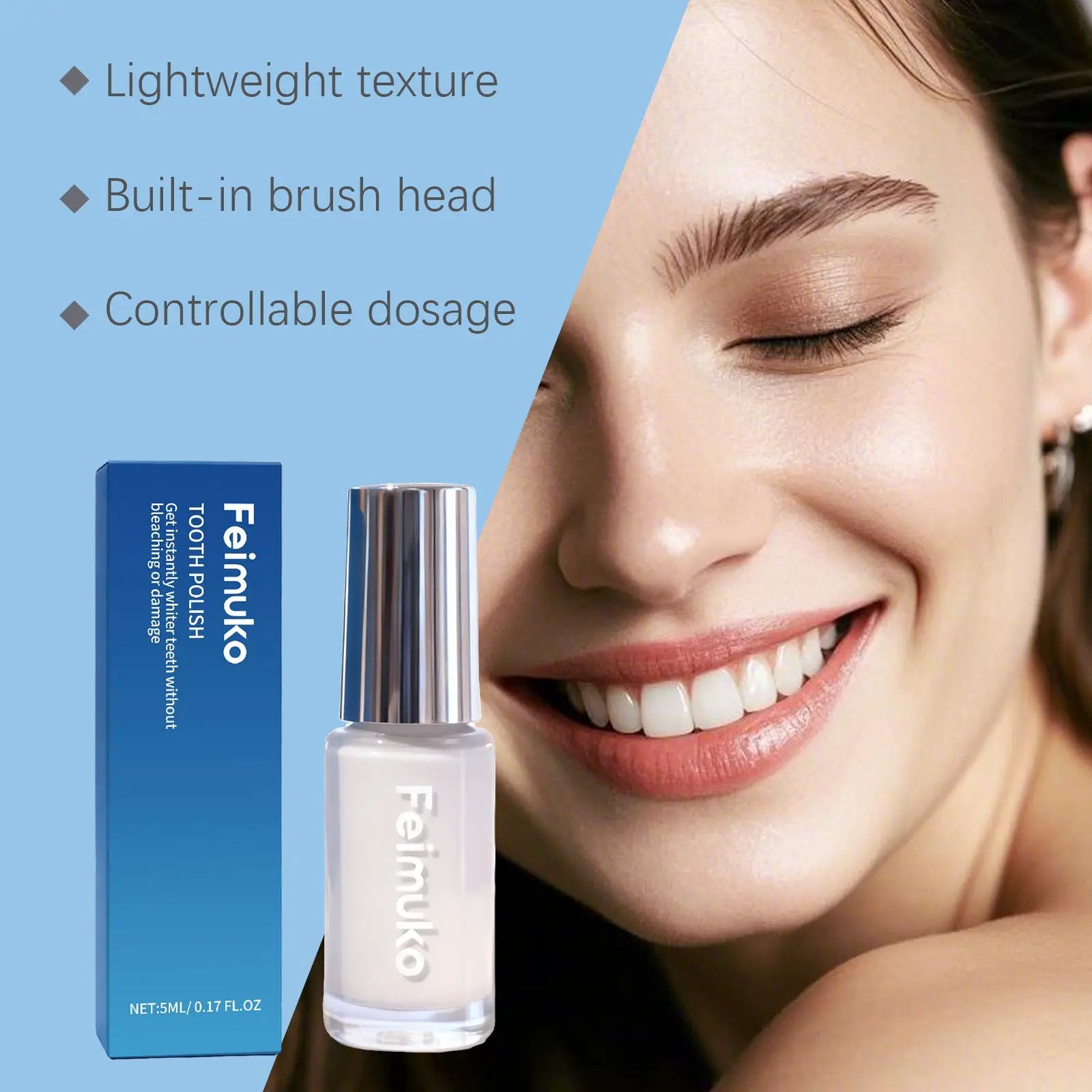 Tooth whitening paint, 5ml, with built-in brush head and controllable dosage, blue packaging