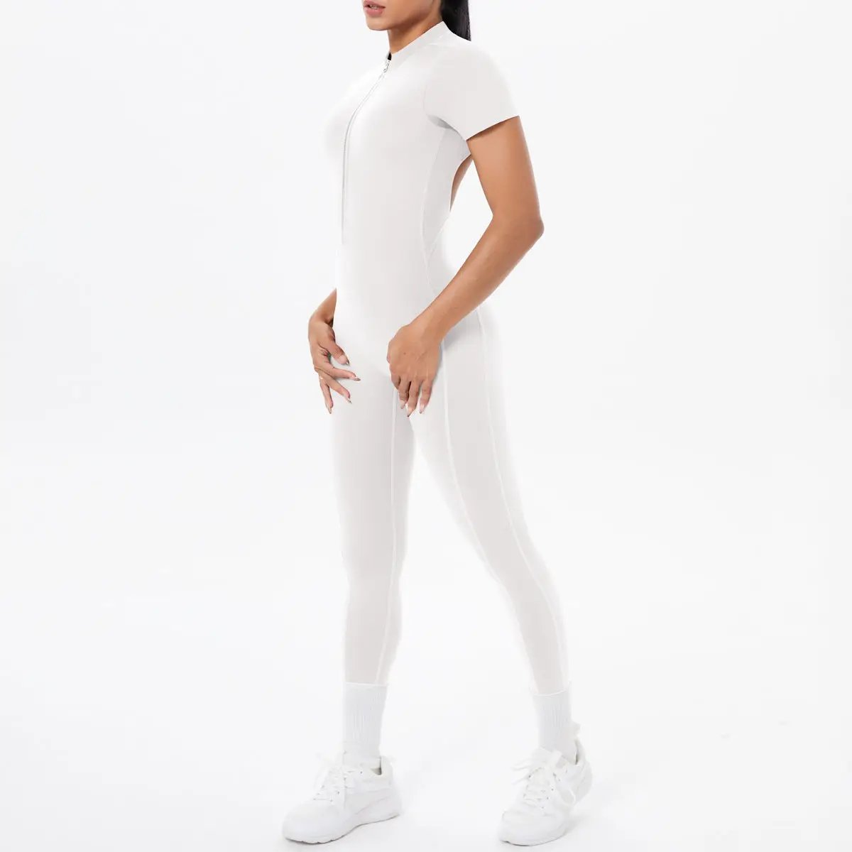 Jumpsuit white backless bodycon scrunch for dance fitness with chest cushion