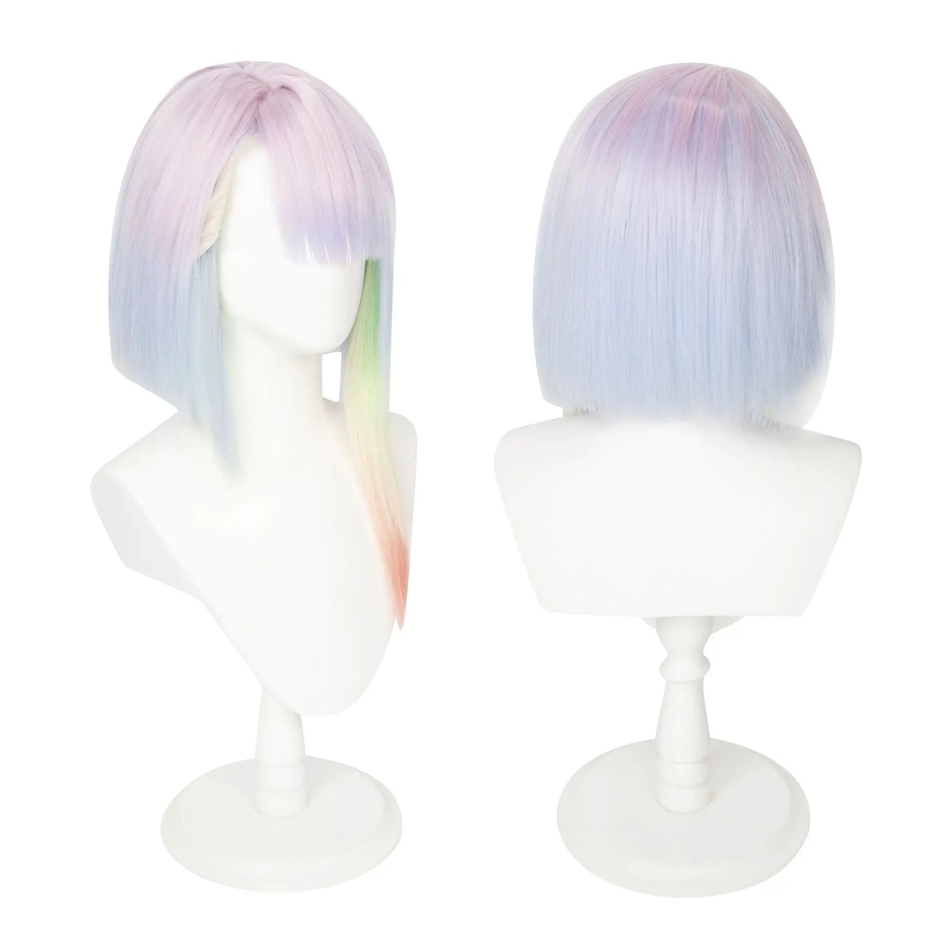 Lucy cosplay wig, 45cm, multicolor pastel gradient (pink to lavender to blue), heat-resistant with wig cap