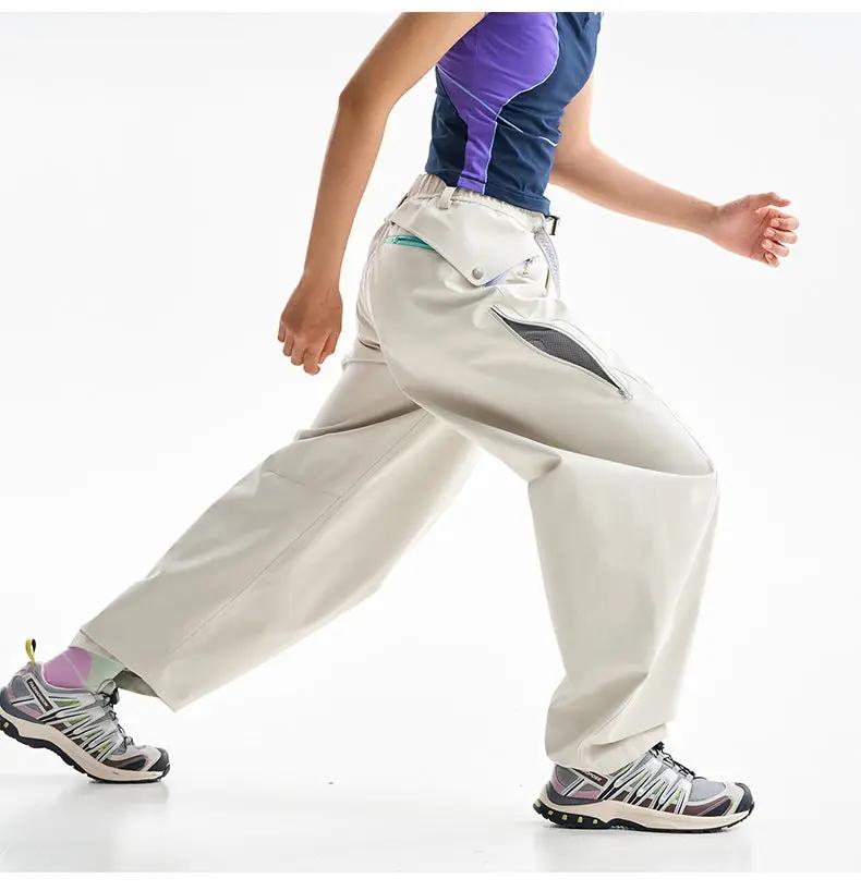 Ultra loose lightweight outdoor functional pants, beige wide-leg cargo with zip pockets.