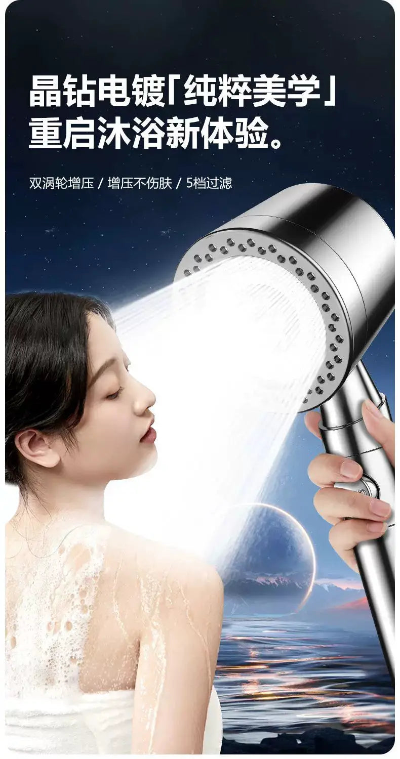 Handheld shower head by Simples Market, 5-mode pressurized with filter, chrome finish