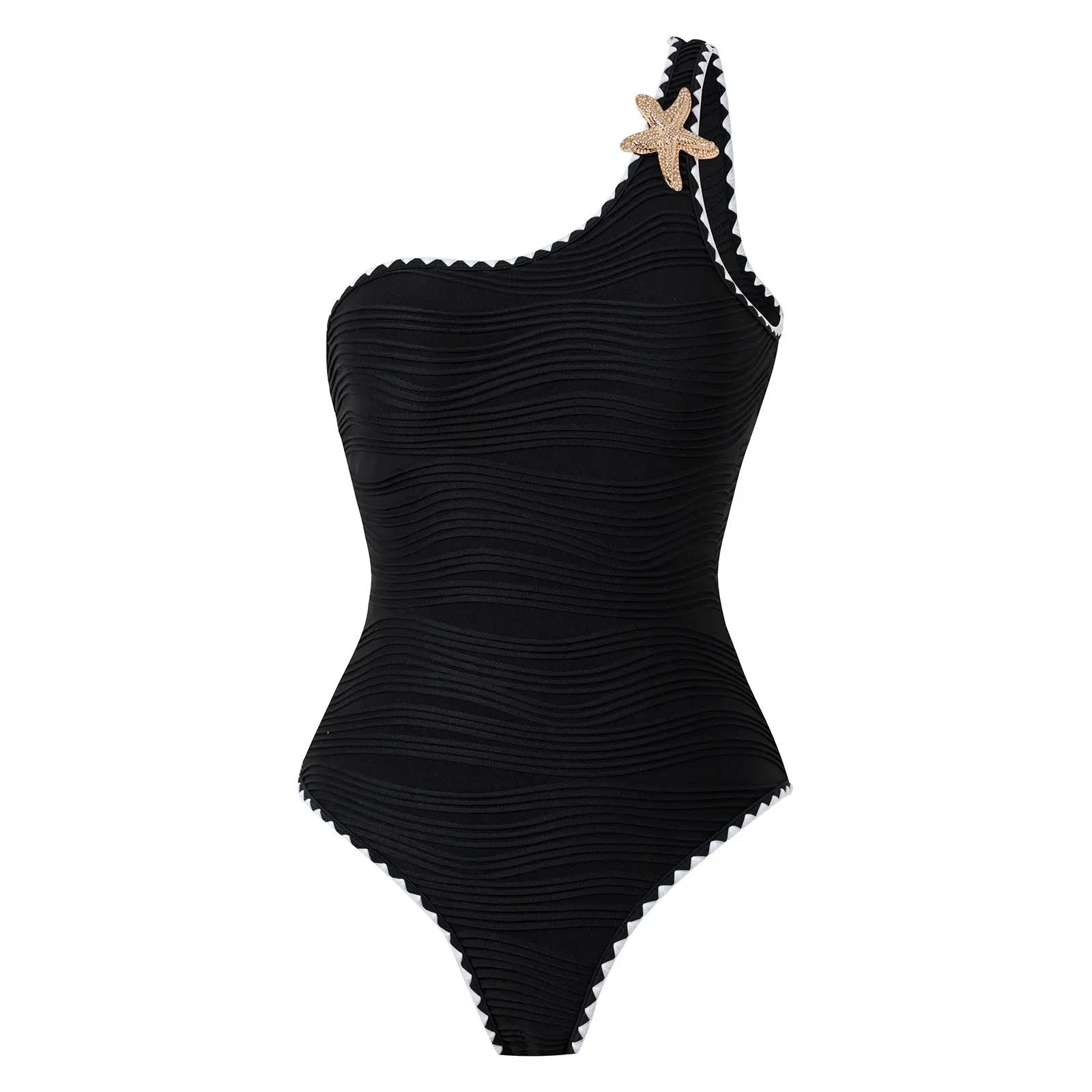 Strapless black one-piece swimsuit with ruched texture and white zigzag trim