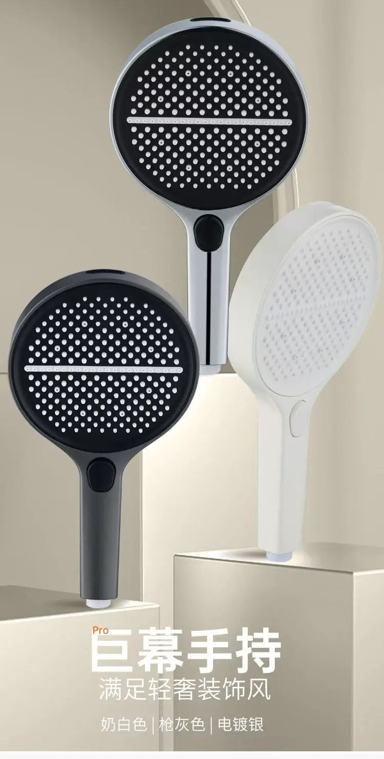 Three handheld shower heads set, 15cm diameter, black, gray and white finishes with dotted spray faces
