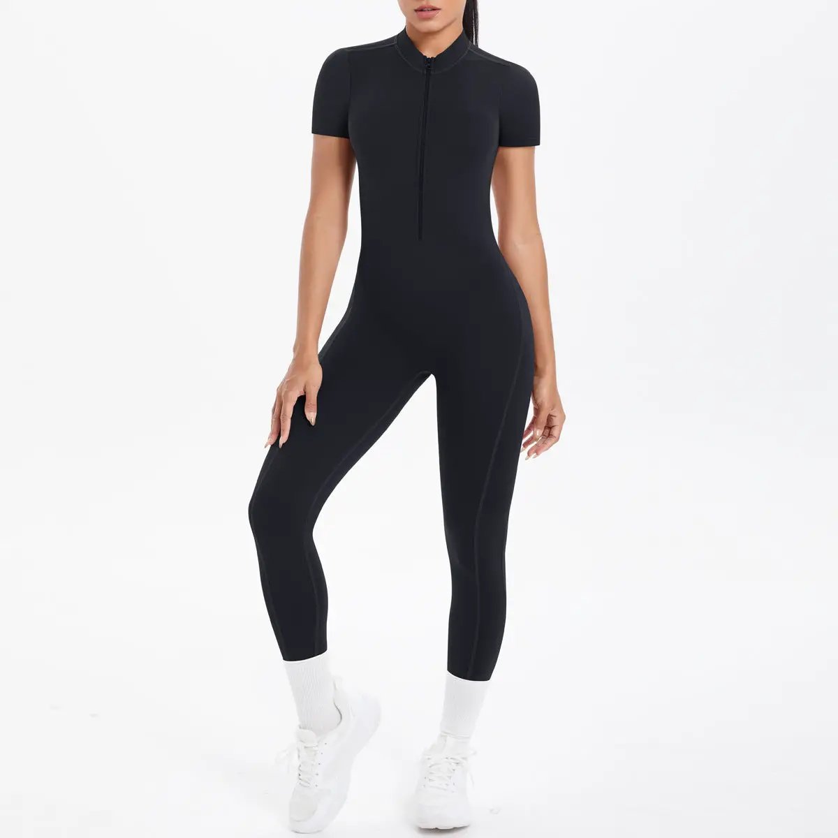 Women's bodycon scrunch jumpsuit, black short-sleeve with front zipper for dance and fitness.