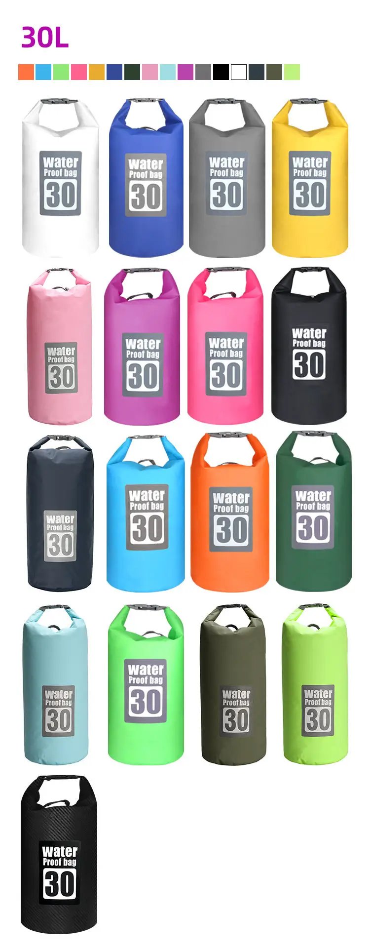 30L PVC waterproof dry bag by Simples Market in 17 color options with shoulder carry for outdoor use.