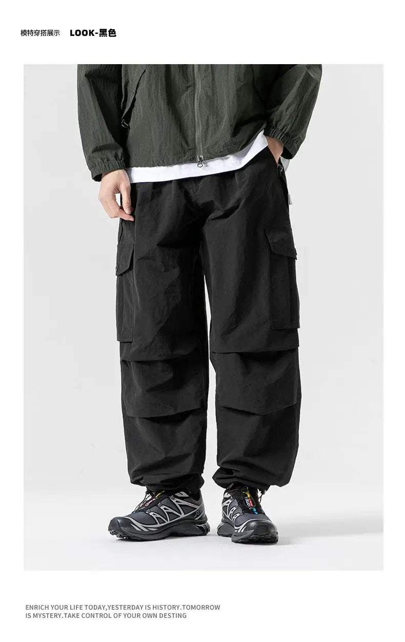 Ultra Loose Lightweight Outdoor Functional Cargo Pants by Simples Market, black quick-dry wide-leg trousers